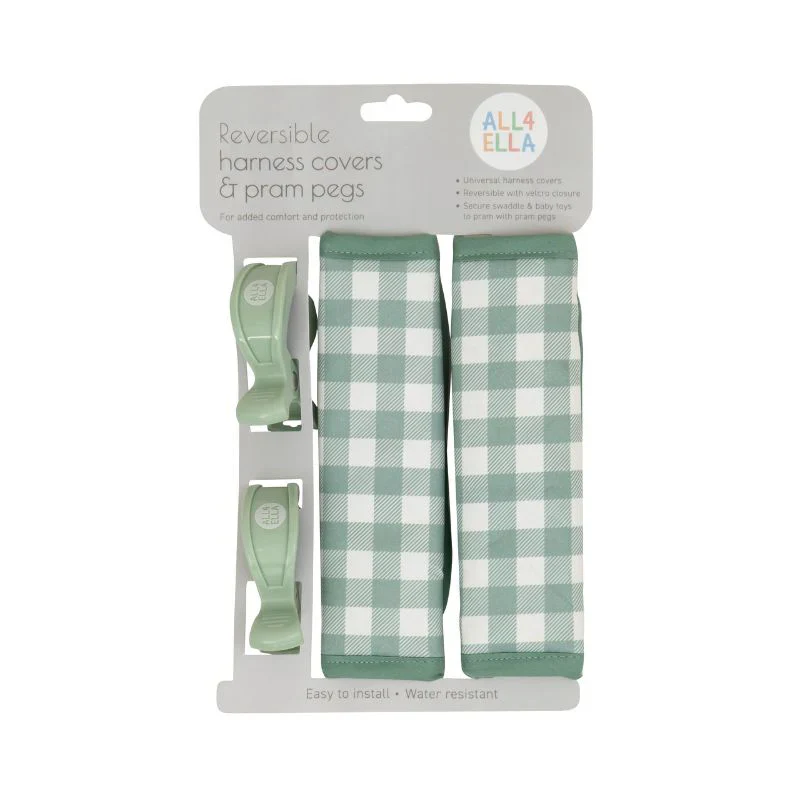All4Ella Universal Harness Covers & Pram Pegs - Gingham Sage