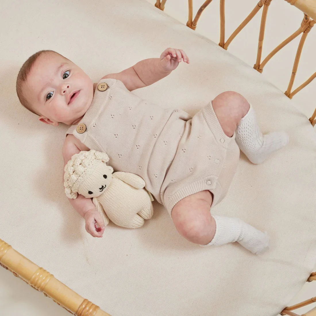 Aster & Oak Oatmeal Pointelle Knit Romper - Oatmeal - Image 4