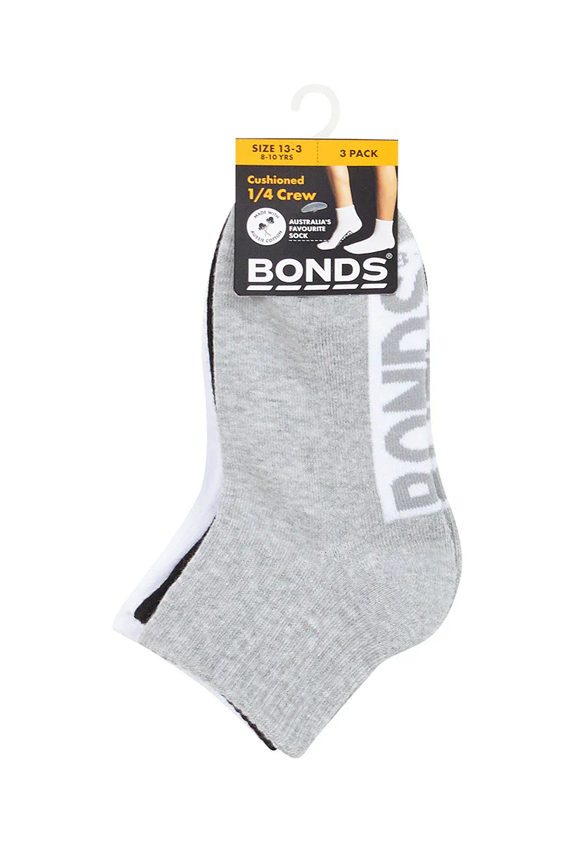 Bonds Kids Logo Cushioned Quarter Crew Socks 3 Pack - Grey / Black / White - Image 2