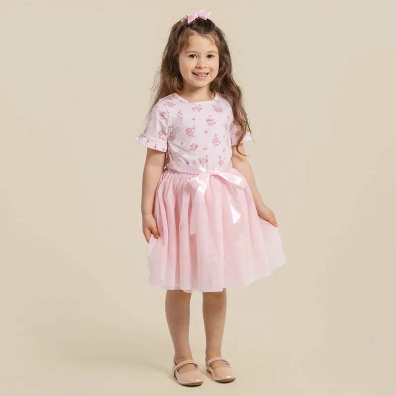 Designer Kidz Bella Floral Short Sleeve Tutu Dress - Bella Pink - Image 4