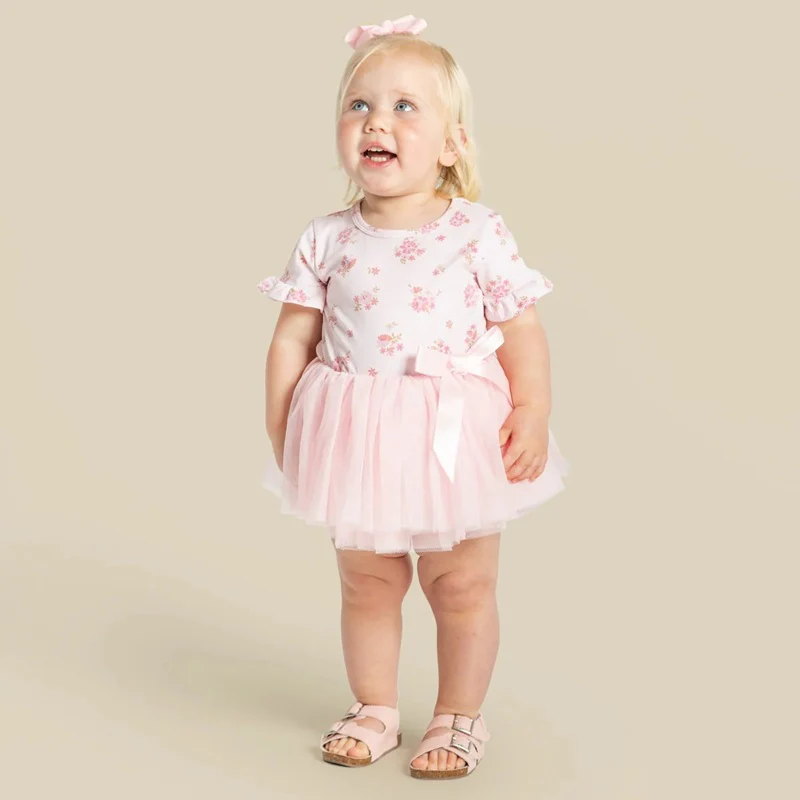Designer Kidz Bella Floral Short Sleeve Tutu Romper - Bella Pink - Image 4